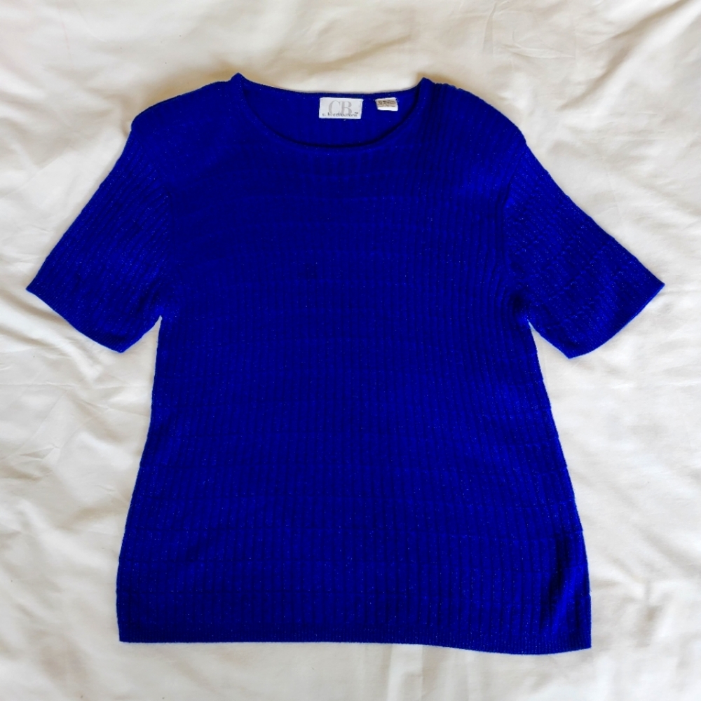 C.B. Collection Cobalt Blue Shimmery Short Sleeve Crewneck Sweater Size Med